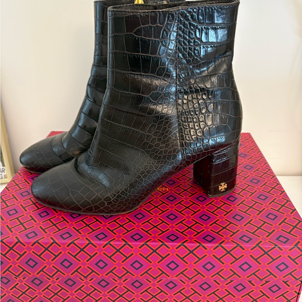 Tory Burch Croc-Embossed Ankle Booties